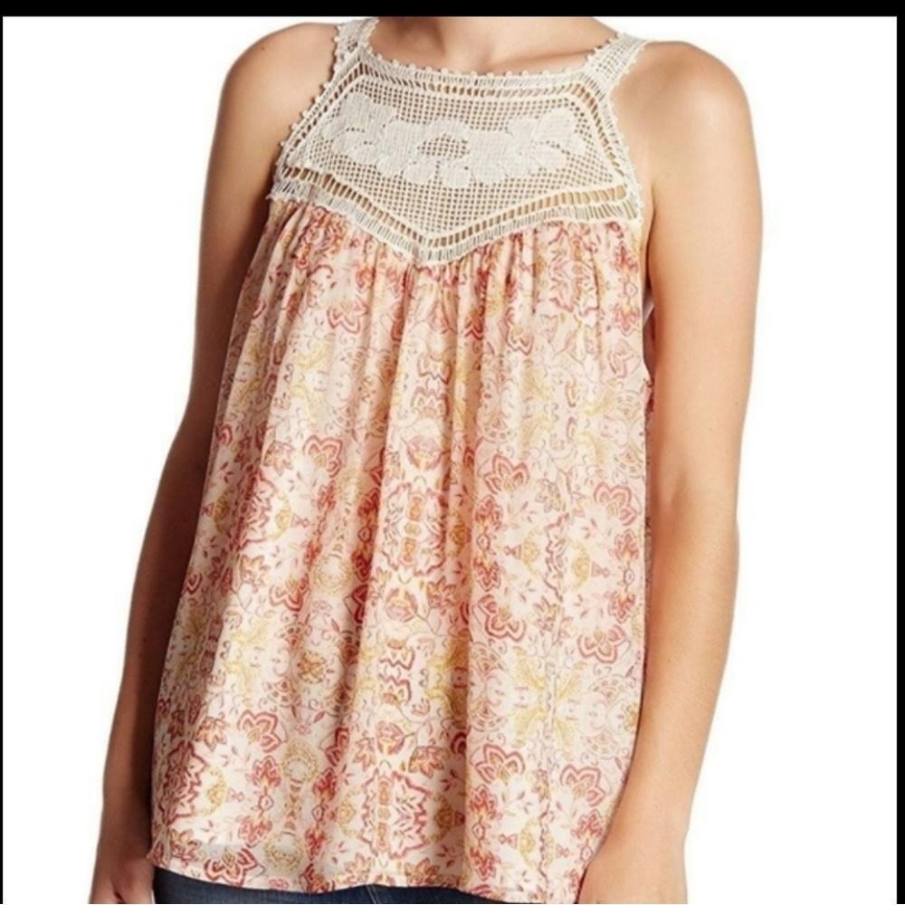 Joie Bayard Crocheted Lace Trim Printed Silk Tank XS‎ Cream Peach Ivory Tan